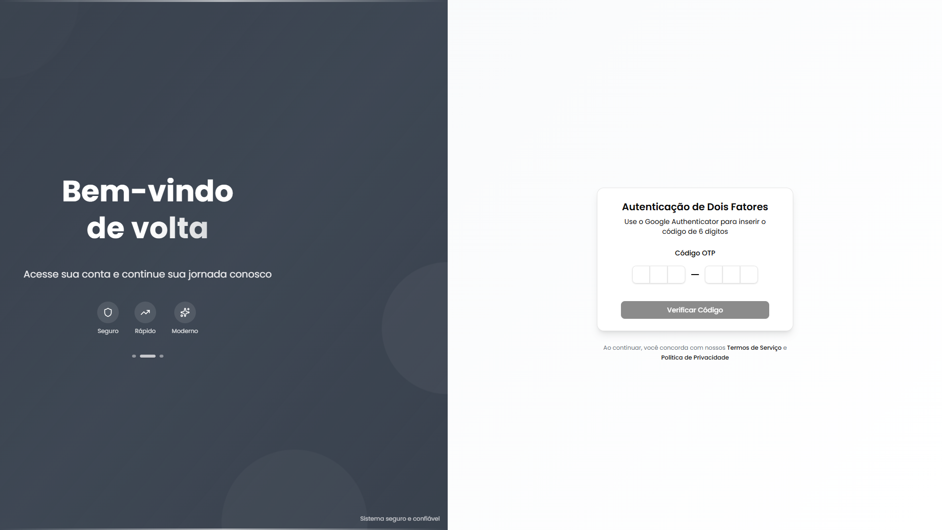 Tela de autenticação de dois fatores