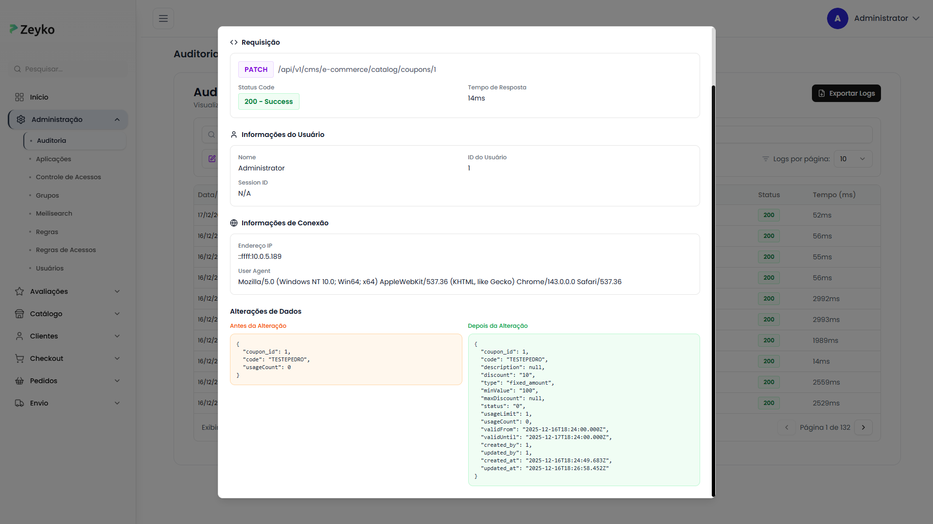 Seção de alterações de dados (antes e depois)