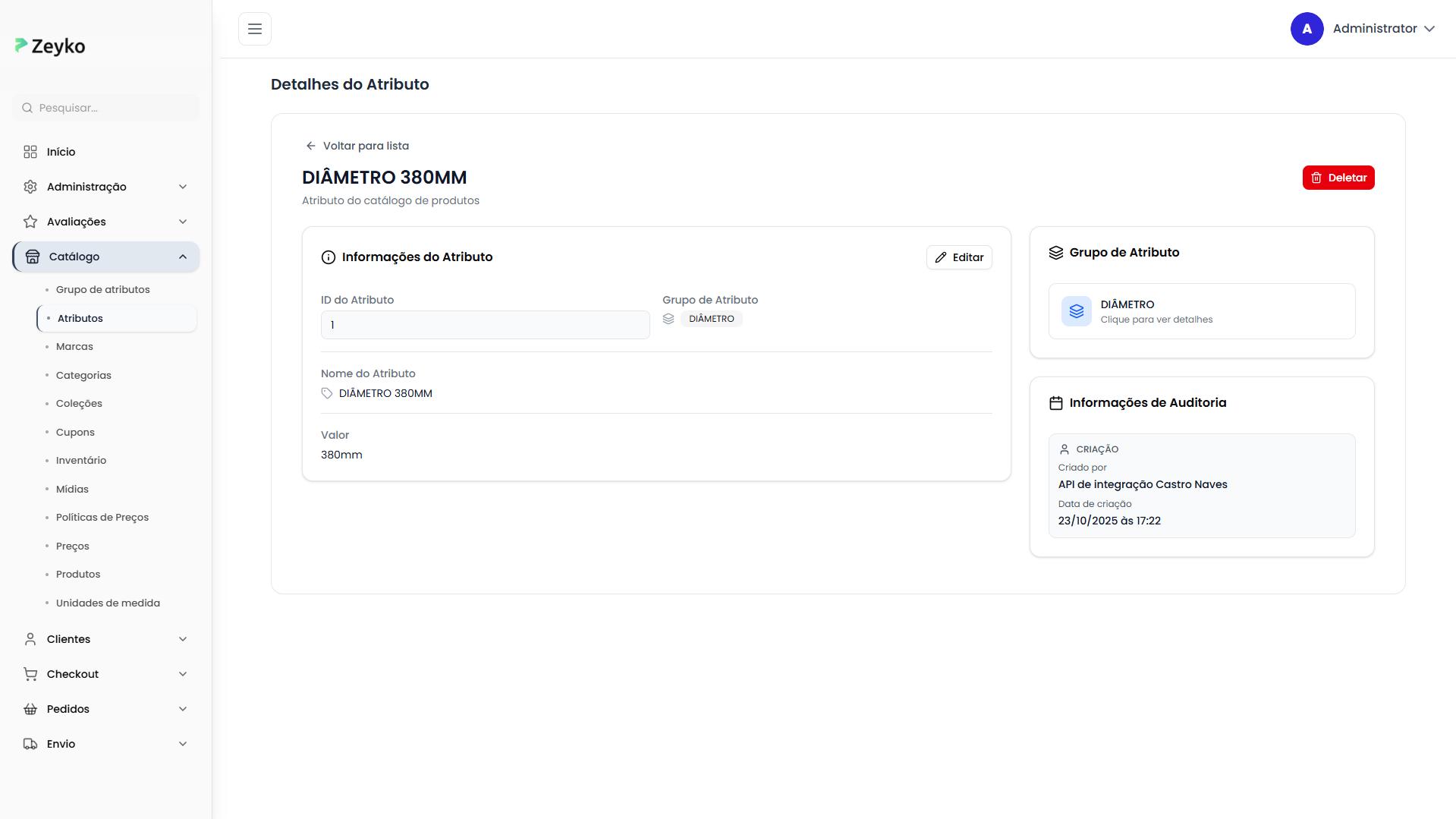 Tela de detalhes do atributo