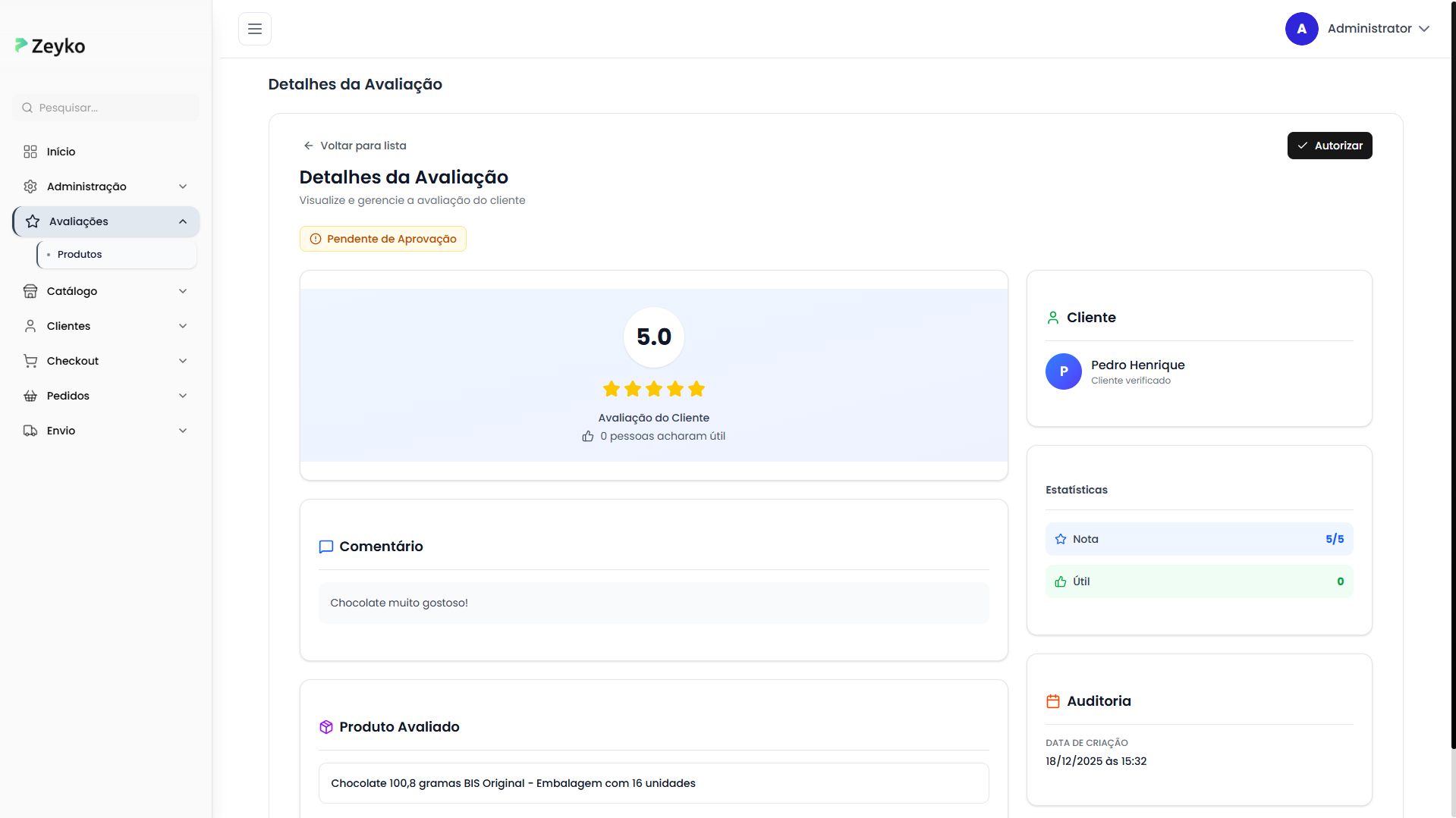 Página de detalhes da avaliação