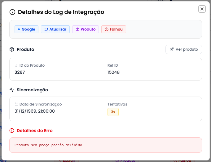 Seção de erro nos detalhes