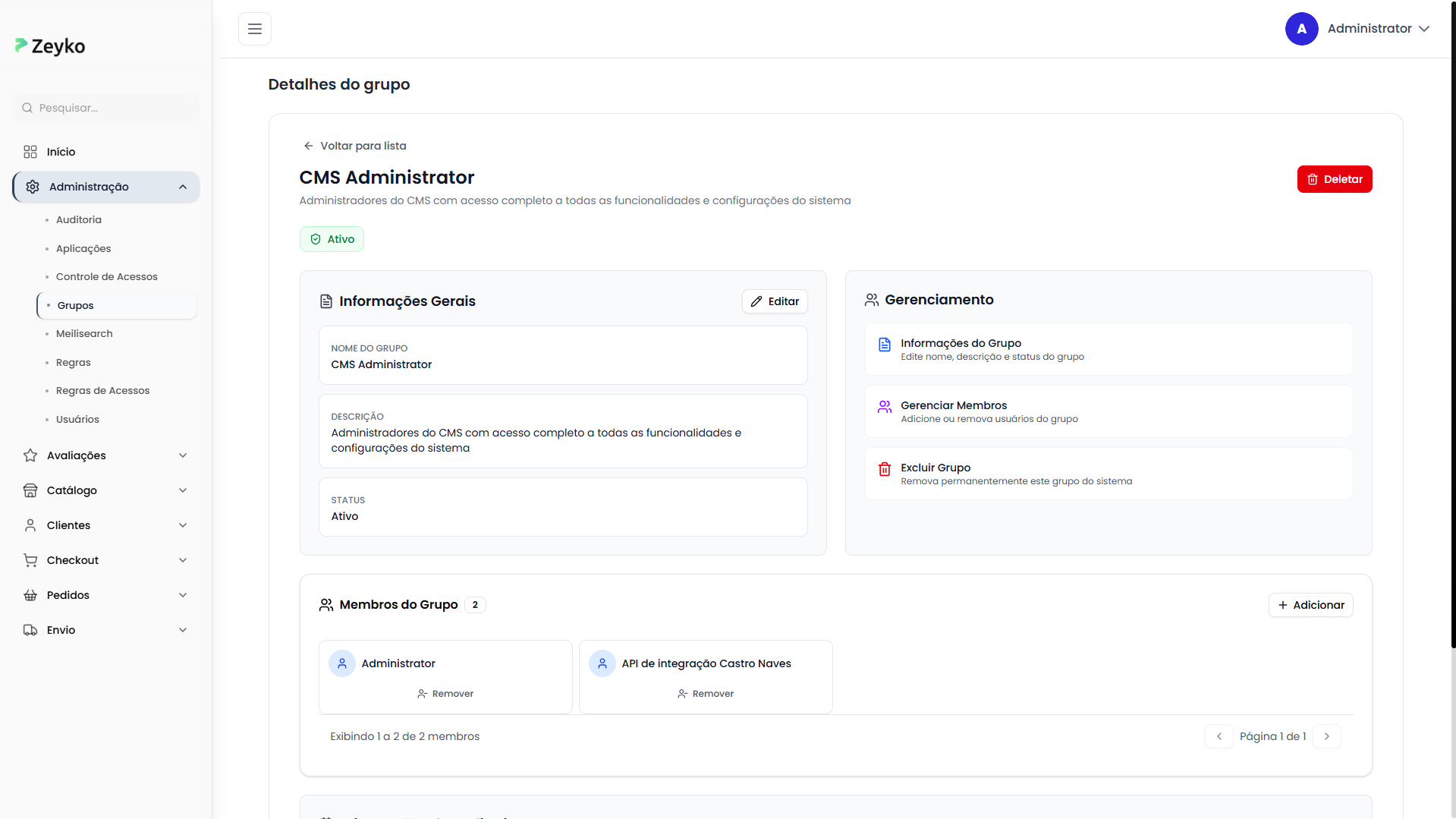 Página de detalhes do grupo