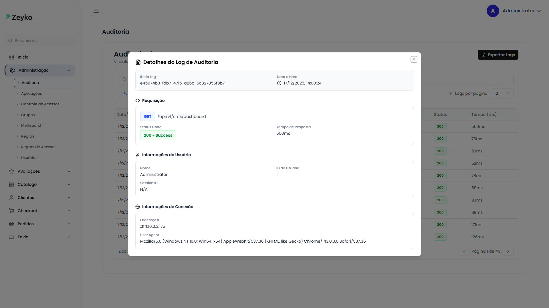 Modal com detalhes do log