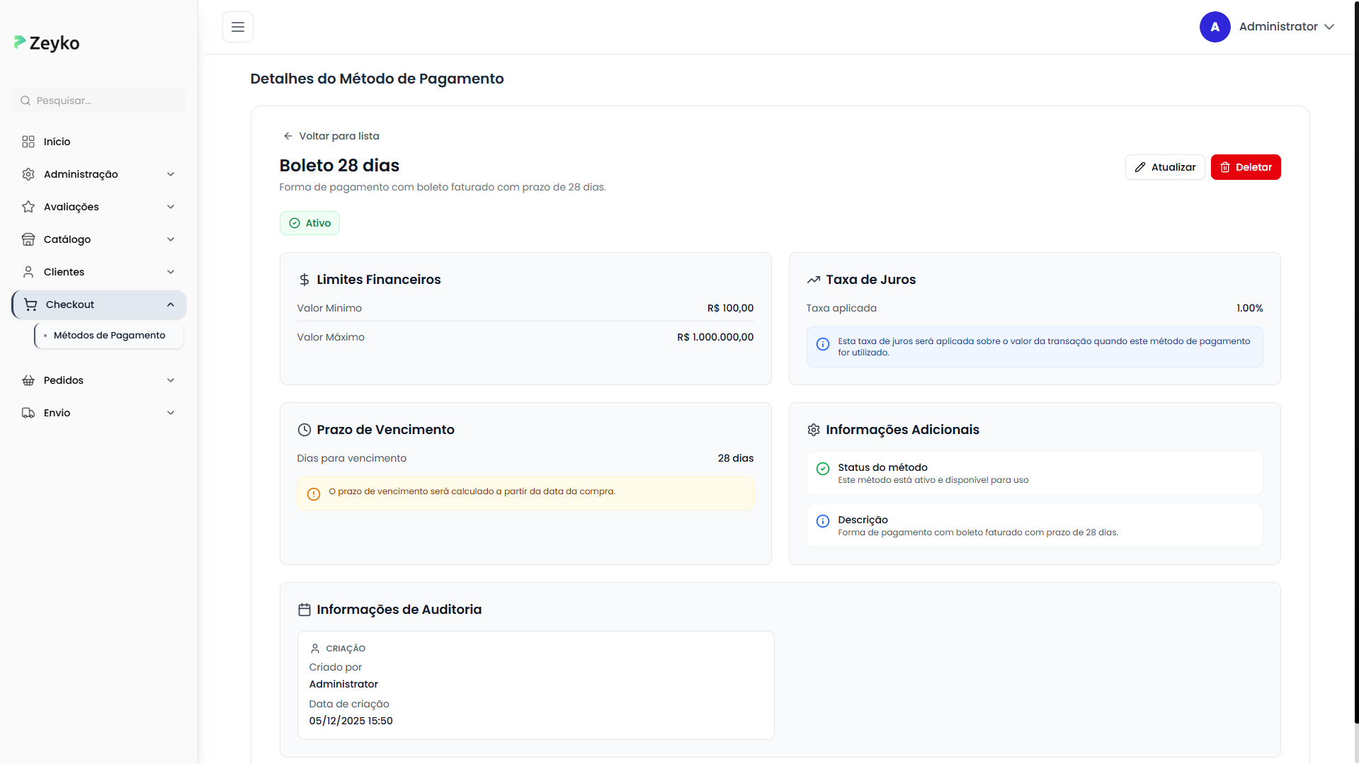 Tela de detalhes do método