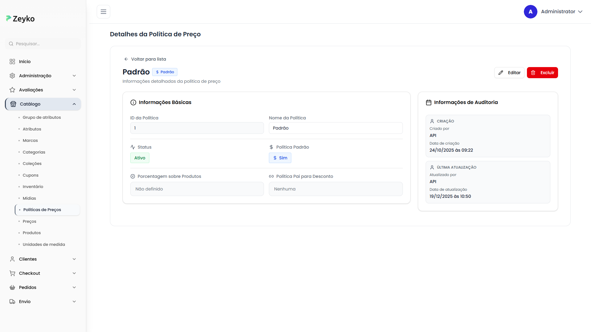 Tela de detalhes da política