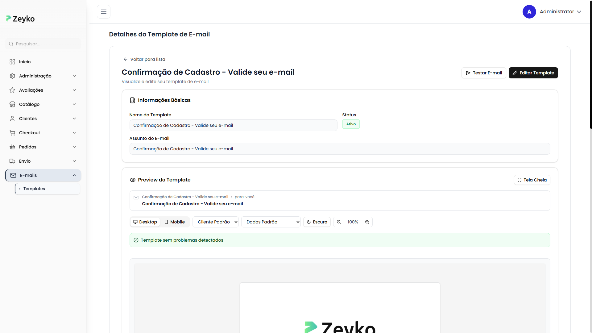 Tela de detalhes do template