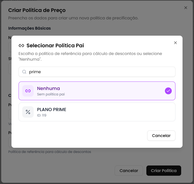 Diálogo de seleção de política pai