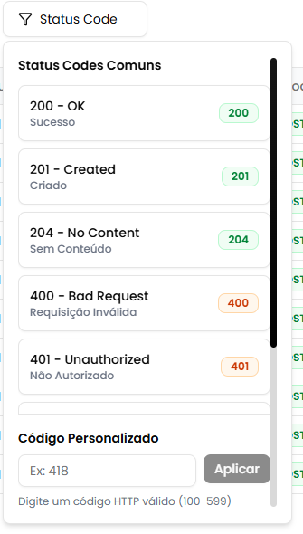 Menu de status codes comuns
