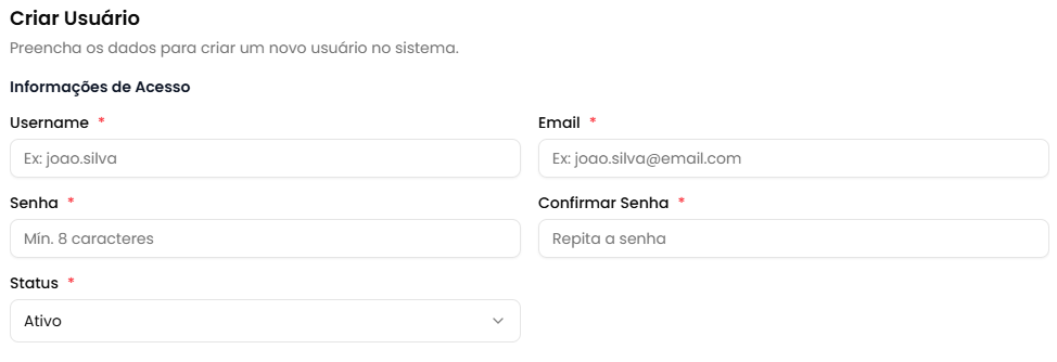 Formulário de criação - Informações de Acesso