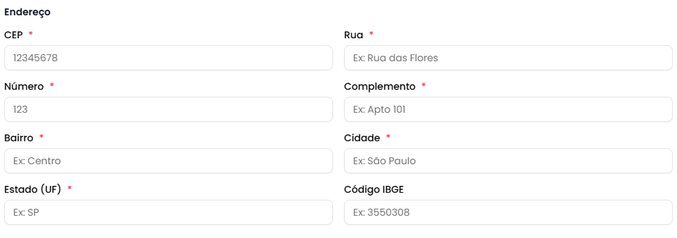 Formulário de criação - Endereço