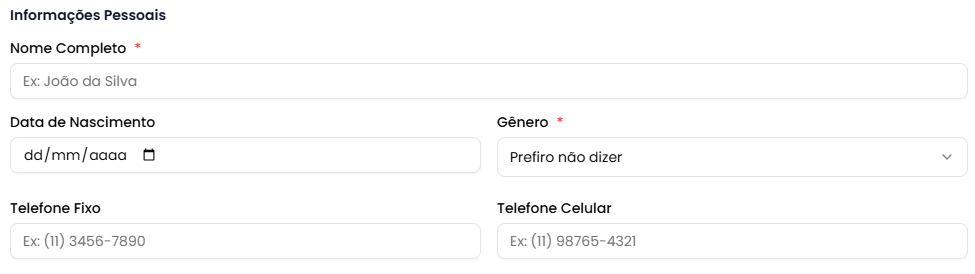Formulário de criação - Informações Pessoais