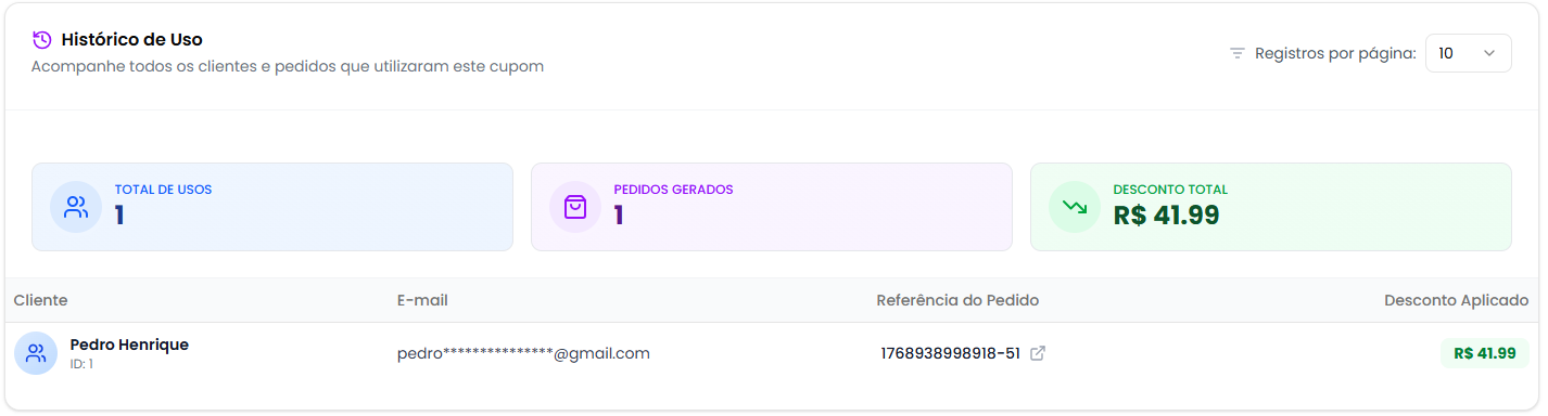 Card de histórico de uso