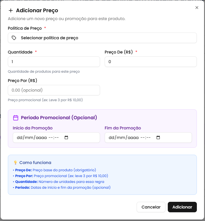 Modal adicionar preço