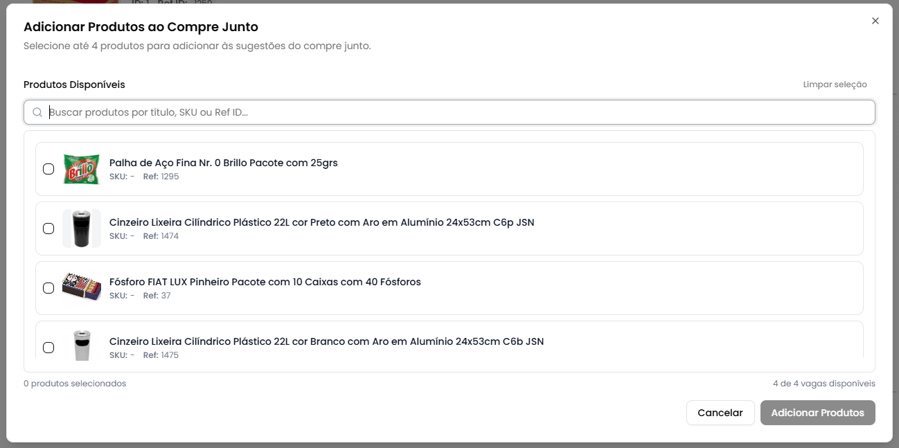 Modal adicionar produtos