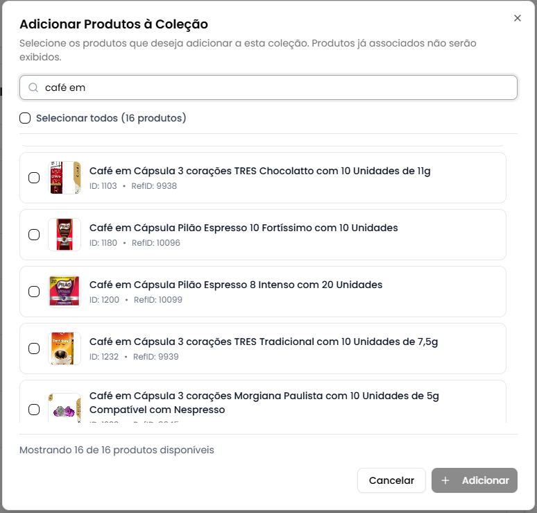 Modal de adicionar produtos
