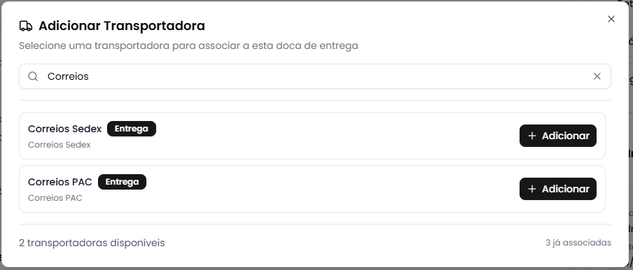 Modal de adicionar transportadora