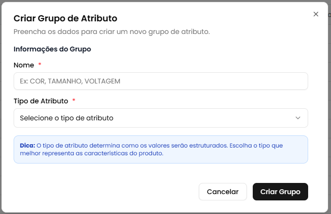 Modal de criação de grupo
