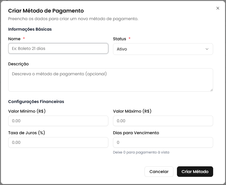 Modal de criação - Informações Básicas