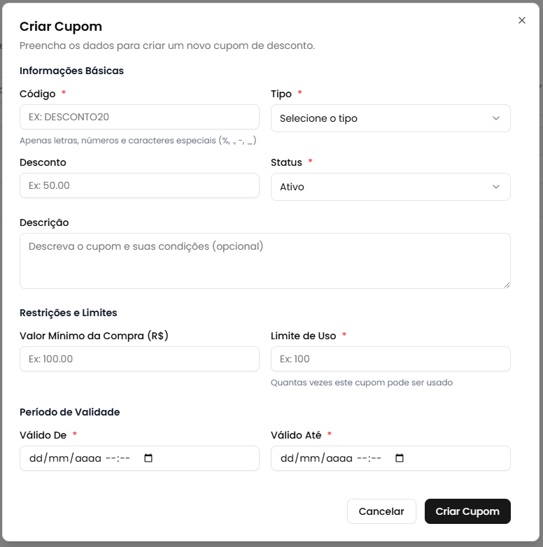 Modal de criação - Informações Básicas