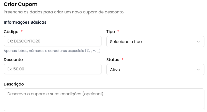 Modal de criação - Informações Básicas