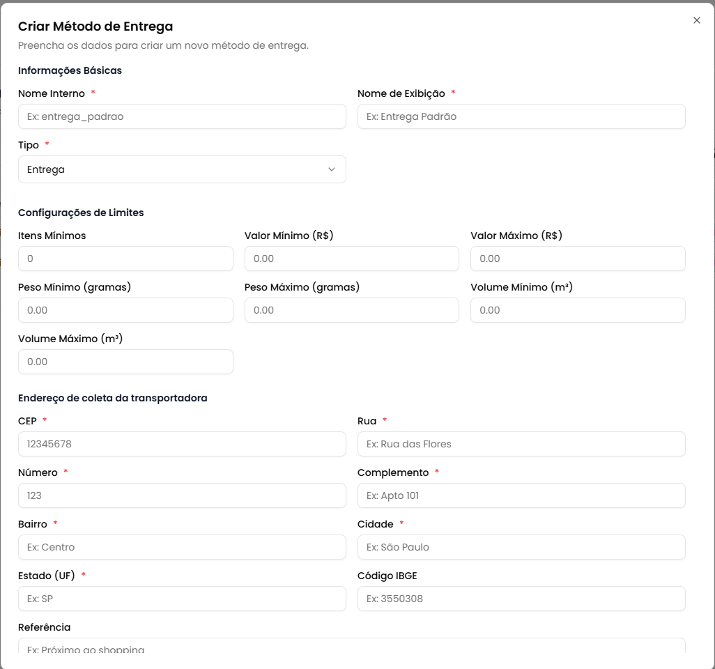Modal de criação - Informações Básicas
