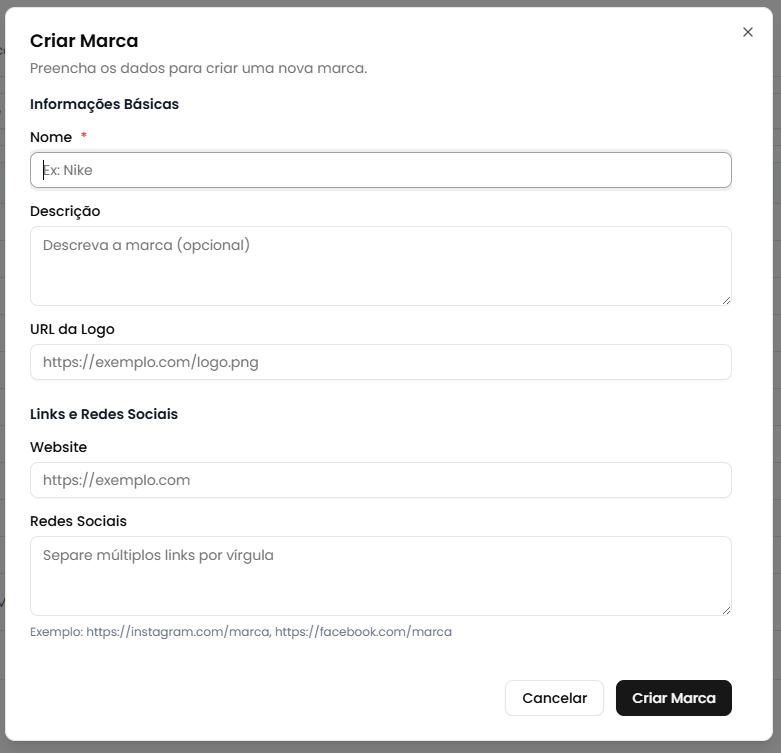 Modal de criação - Informações Básicas