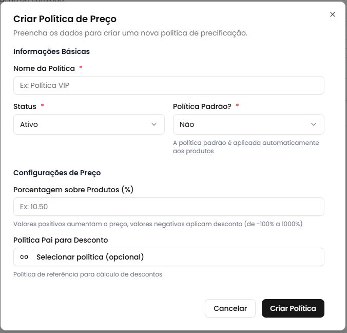 Modal de criação - Configurações de Preço