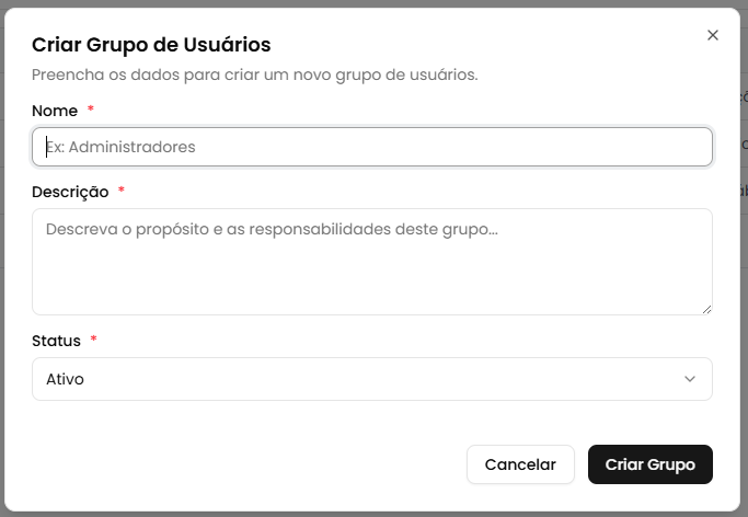 Modal de criação de grupo