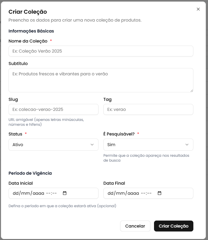Modal de criação - Informações básicas