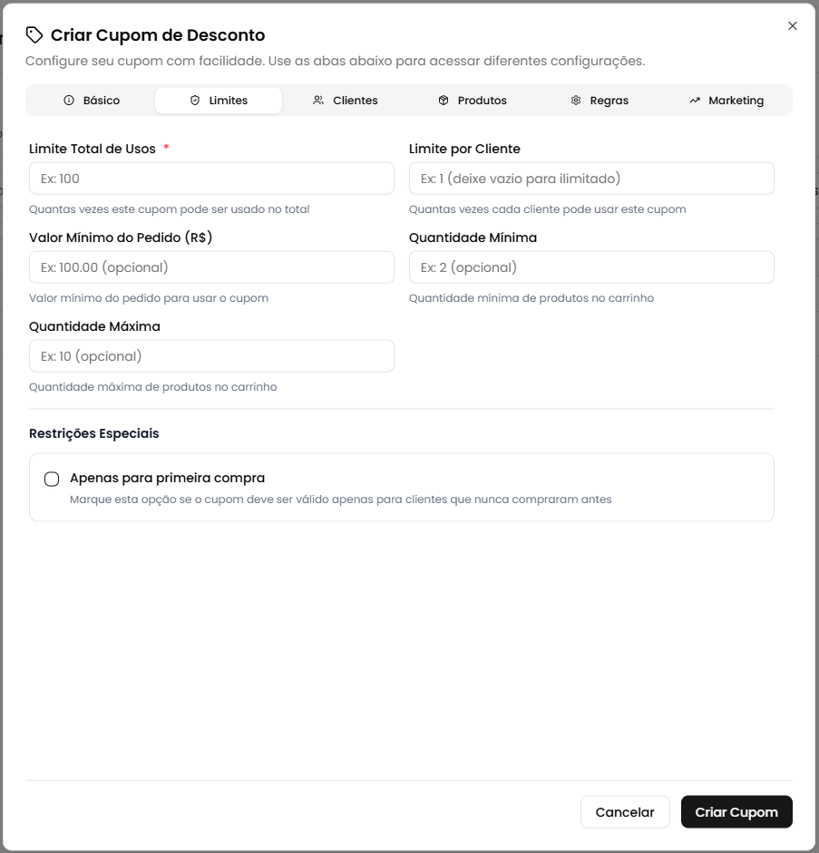 Modal de criação - Limites