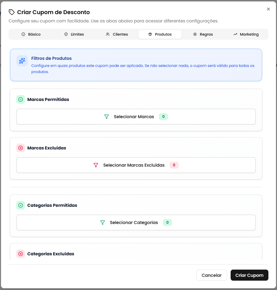 Modal de criação - Produtos