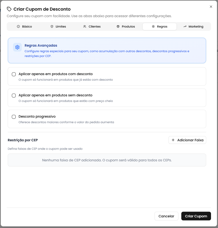 Modal de criação - Regras