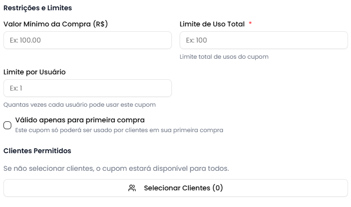 Modal de criação - Restrições