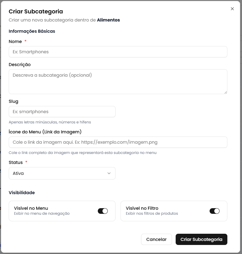 Modal de criar subcategoria
