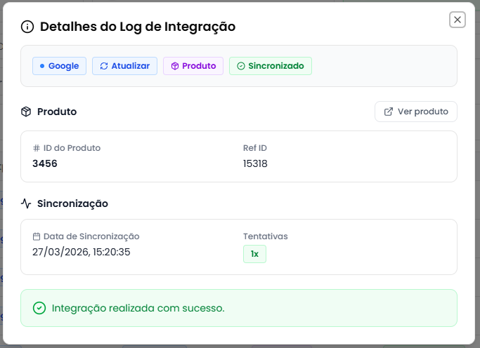 Modal de detalhes do log