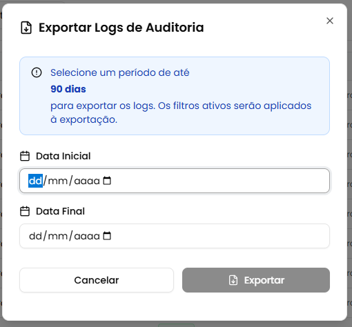 Modal de exportação de logs
