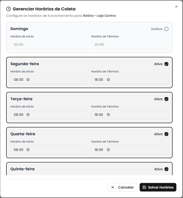 Modal de gerenciar horários