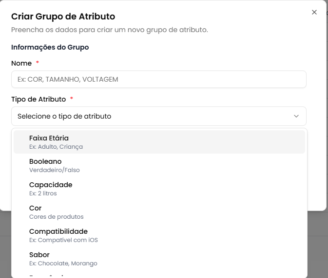 Seleção de tipo de atributo