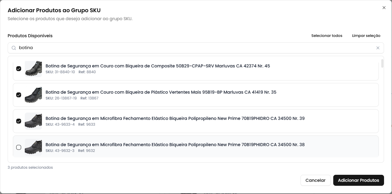 Seleção de produtos variantes