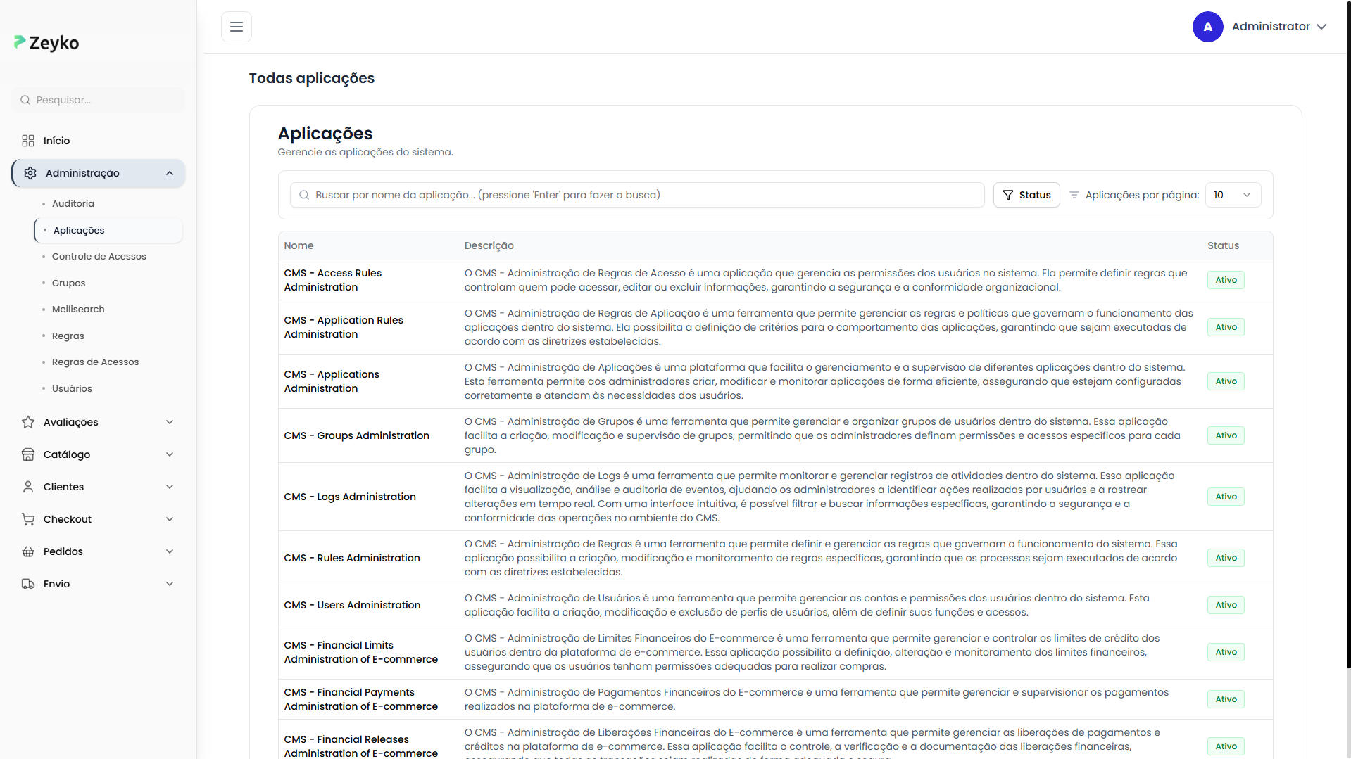 Tela de aplicações