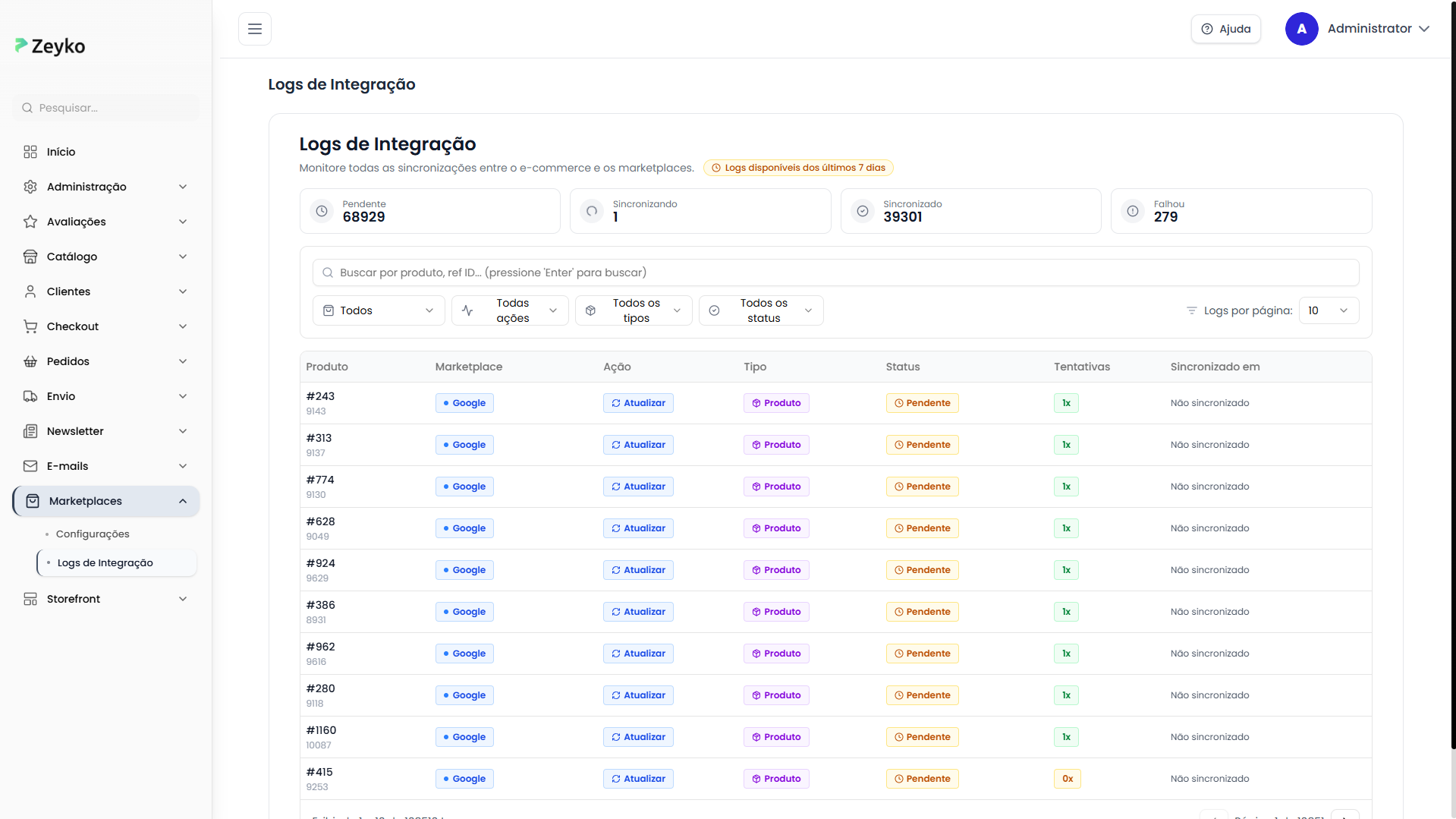 Tela de logs de integração