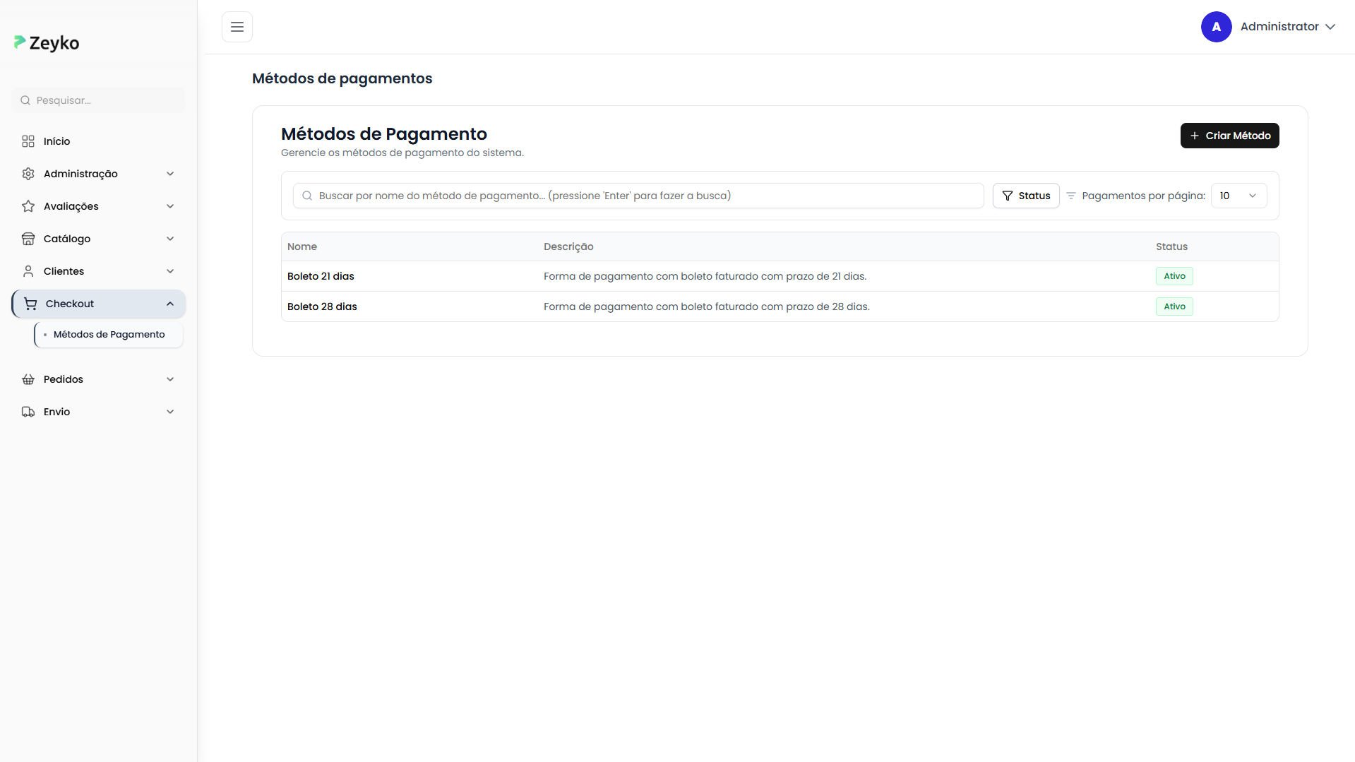 Tela de métodos de pagamento