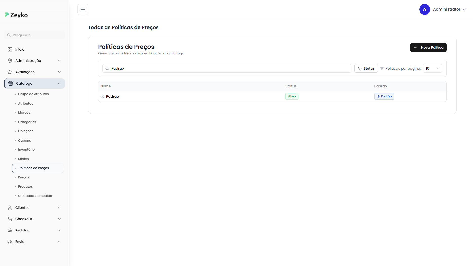 Tela de políticas de preços