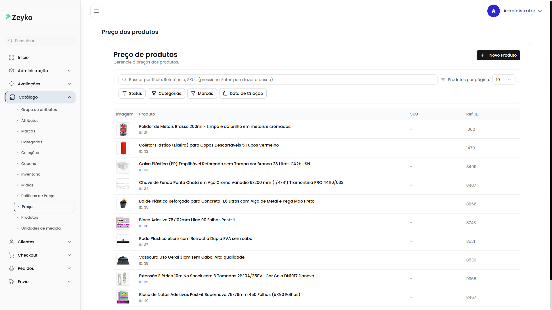 Tela de preços de produtos