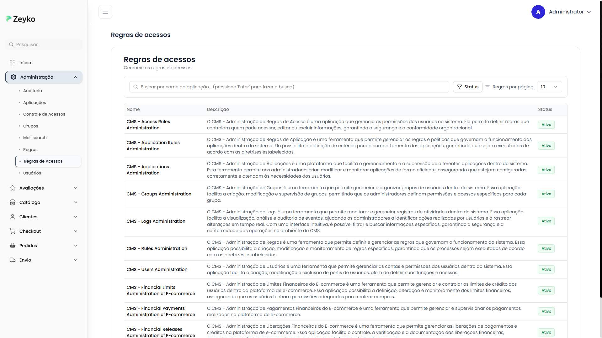 Tela principal de regras de acessos