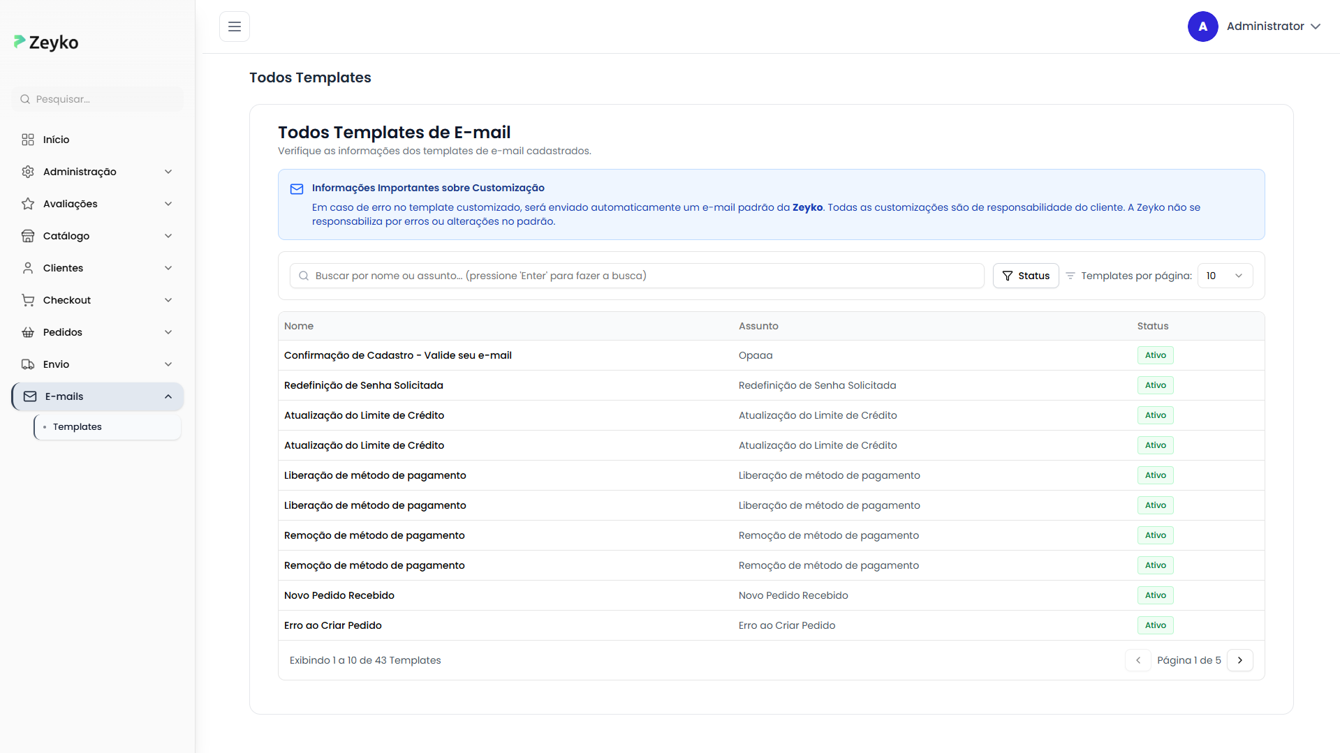 Tela de templates de e-mail