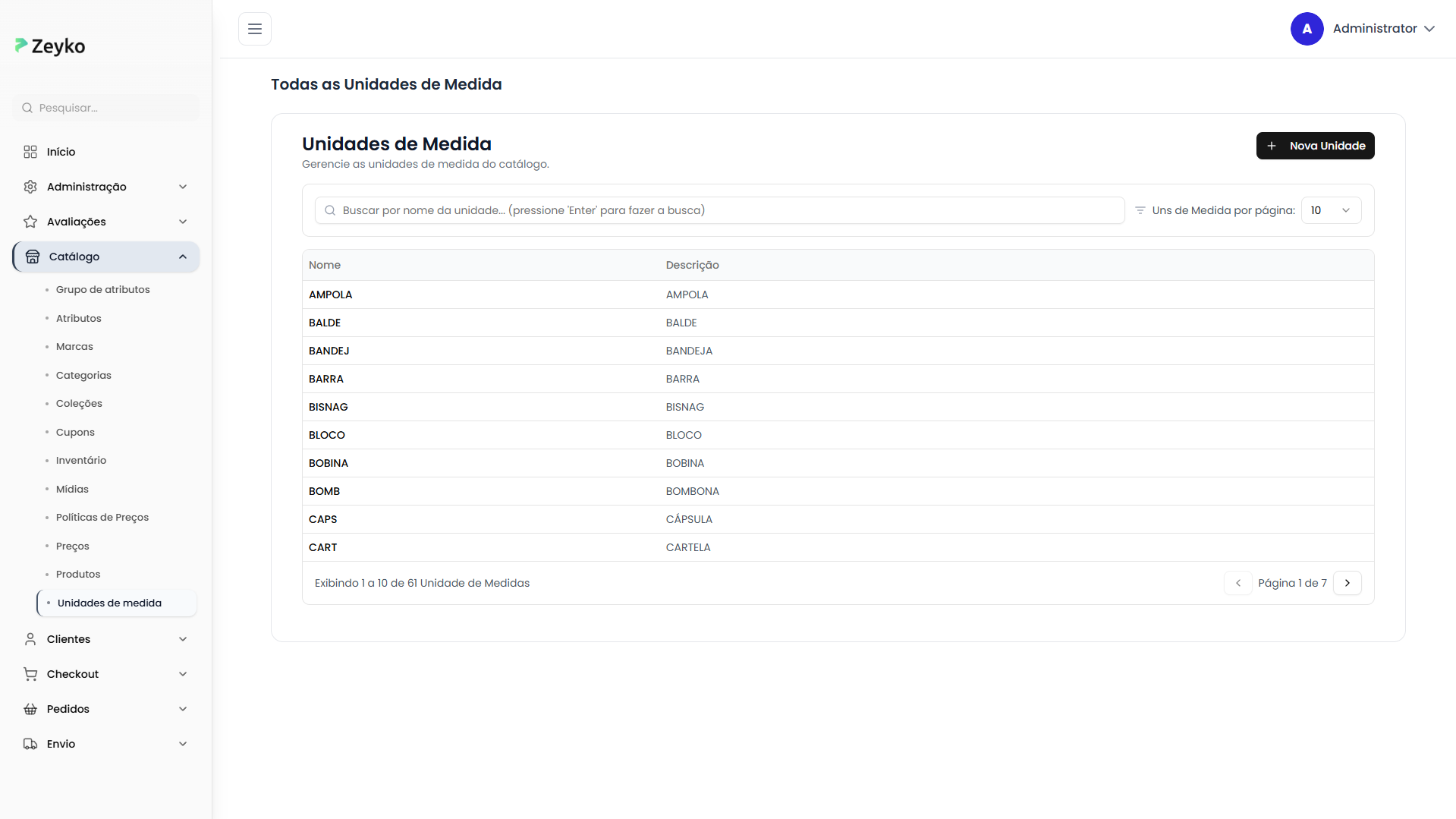 Tela de unidades de medida